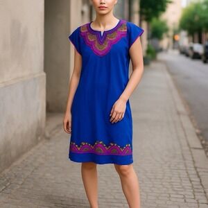 Handcrafted Floral Mexican Huipil‎ Dress Blue Cotton Embroidered Size M